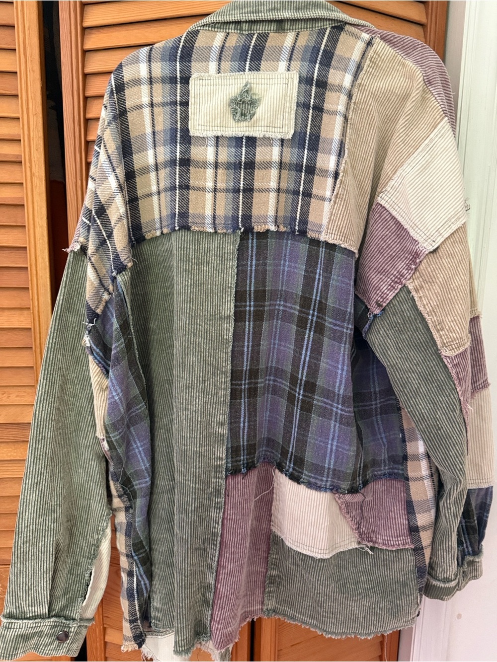 Oli & Hali Patchwork Corduroy and Plaid Shacket in Green, Cream, Mauve, Blue - Picture 2 of 4